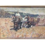 HARRY FIDLER (1856 - 1935). Framed, signed oil on canvas, men working field with horses, 52cm x