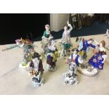 Seven Meissen style figures and figure groups, courting couple dancing, men holding fruit, man