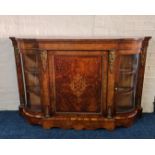 19th century walnut credenza with two curved glass doors to side, single door to front fitted with