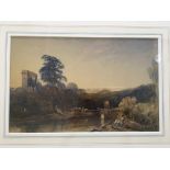 WILLIAM LEIGHTON LEITCH. Framed, signed, watercolour on paper, a castle by a river, 24cm x 37.5cm,