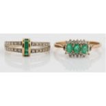 Two hallmarked 9ct yellow gold emerald and diamond rings, one of cluster design, ring size S½, the