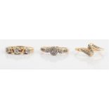 Three hallmarked 9ct yellow gold diamond rings, of differing design, ring sizes P.