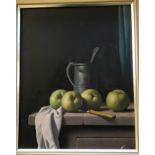 CHRISTOPHER CAWTHORN. Framed, signed oil on canvas, still life with apples and pewter jug, 50cm x