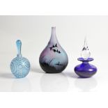 Three Ed & Margaret Burke glass pieces, a flattened oviform glass blue, red and purple banded acid