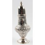 A silver sugar caster, having repousse gadrooning with floral and scroll design to body,