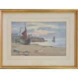 WARREN WILLIAMS. Framed, signed watercolour on paper, beach before boats setting sail at sundown,