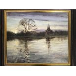 Framed, indistinctly signed, oil on canvas, church and tree before river at dusk, 49.5cm x 60cm