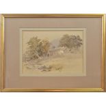 Framed, unsigned, watercolour on paper, rural scene with house, river, and trees, 23.5 x 34cm.