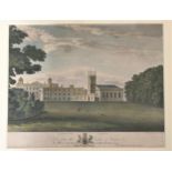 Three framed colour engravings, Badminton Church by J. Bonnor, Badminton House by W. Radclyffe and