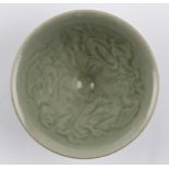 A Yaozhou celadon lotus pond bowl, Northern Song dynasty. approx. diameter to top 10.5cm, in box.