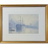E. HODGSON. Framed, signed and dated 1920, watercolour on paper, ship on river beside town, 22cm x