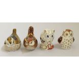 Four Royal Crown Derby animals, including three birds and one mouse, all with gold badges and in