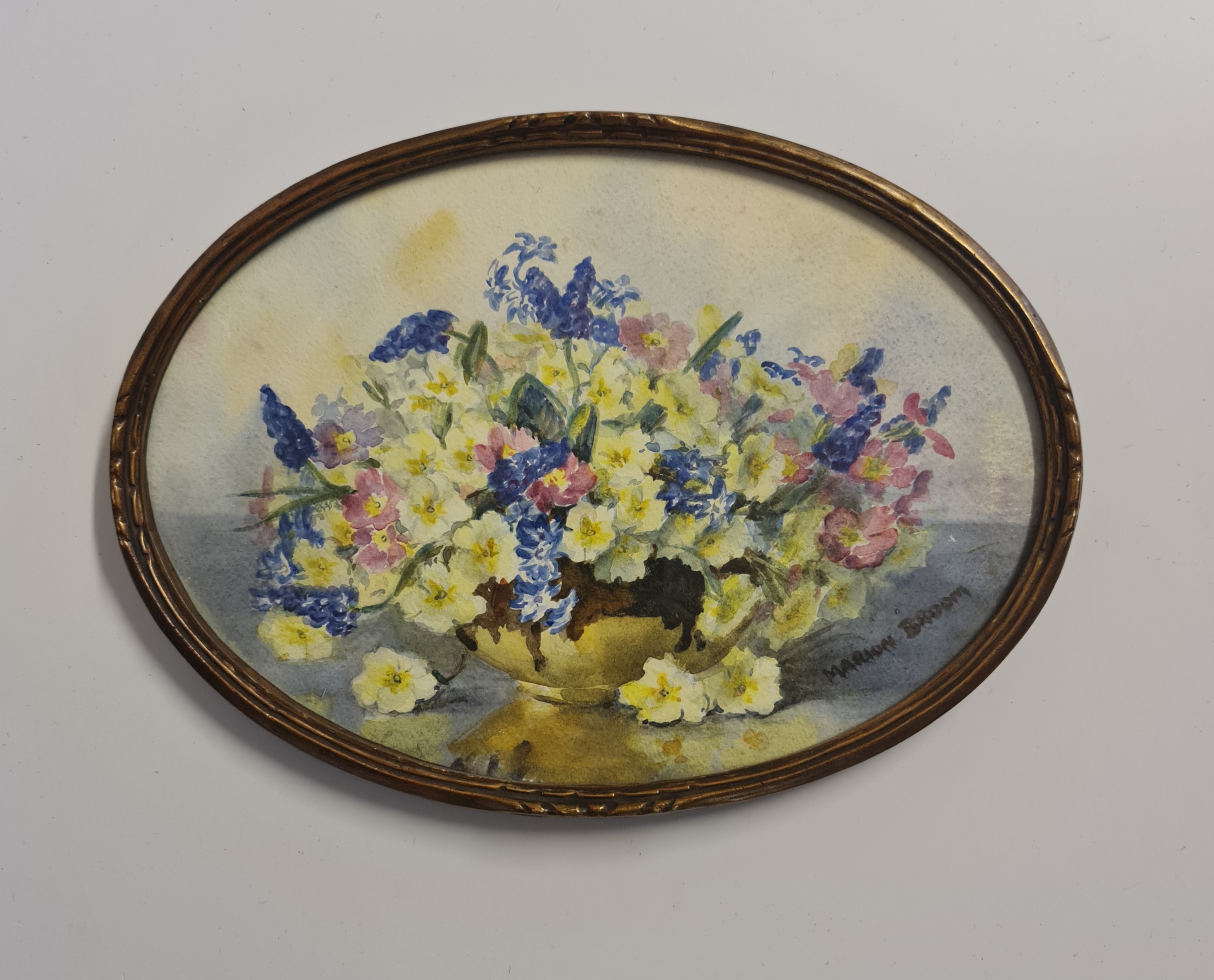 MARION BROWN. Framed, signed watercolour on paper, vase of flowers in oval form, 25cm x 35cm,