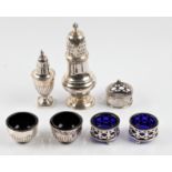 A collection of hallmarked silverware, to include a sugar caster, a pepperette, a pair of glass