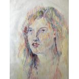 Two framed, signed, portrait studies of females, one pencil on paper, female head in red blue and
