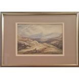 Three framed pictures, one watercolour on paper, sheep before mountainous landscape, one print