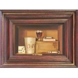 COLIN CLIFTON. Framed, signed oil on board, still life with royal commemorative cup, glass with