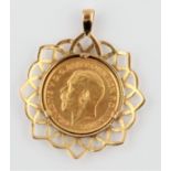 A George V 1914 half sovereign, mounted in a hallmarked 9ct yellow gold pendant mount. BOOK A