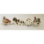 Four Royal Crown Derby animal figures, including two birds, one mouse and one dog, all with gold