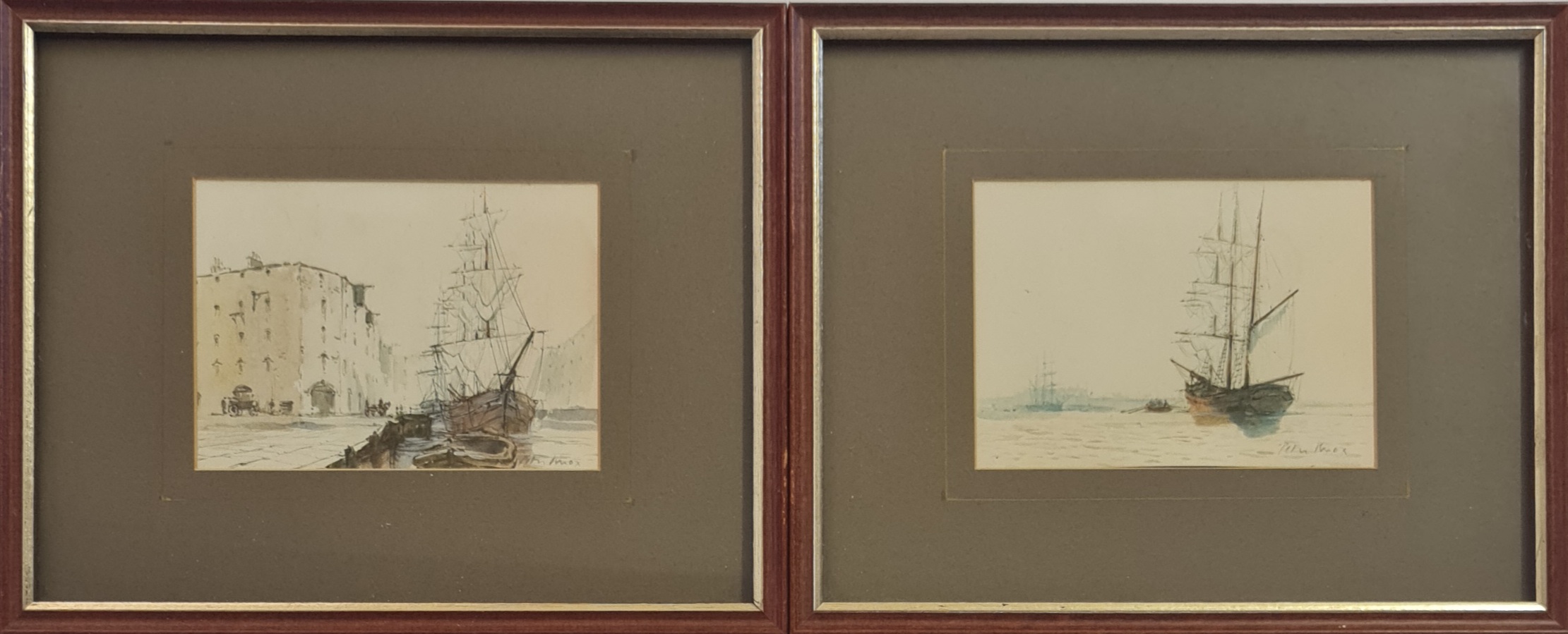 PETER KNOX. Two framed, signed, watercolour on paper, ships in harbour and at sea, 10cm x 14cm.