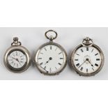 A silver Victorian fob watch, hallmarked Birmingham 1884, together with two other fob watches, one