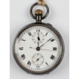 A hallmarked silver crown wind open face pocket watch, the white enamel dial having hourly Roman