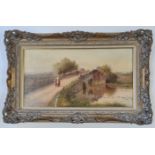 J. RUSHTON. Framed, signed, oil on canvas, pastoral scene with figures on bridge, 29cm x 54cm.