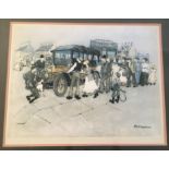 MARGARET CHAPMAN. Framed, signed in pencil, print, people gathered around a car, gallery stamp to