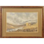 W. SIMPSON CLOWE. Framed, signed, watercolour on paper, deer at river before mountainous background,