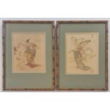 Two framed Japanese prints of male playing stringed instrument and female dancing, 20cm x 16.5cm.