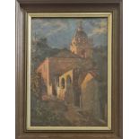 CHARLES S. MEACHAM. Framed, signed, dated 1921, oil on board, street scene with figure at dusk, 33cm