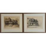 Four framed pictures, two etchings of buildings, two humorous cartoon pen drawings by Jeremy.
