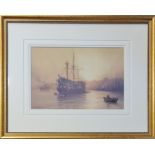 E. HODGSON. Framed, signed and dated 1920, watercolour on paper, ship on river, 23cm x 34cm.