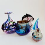 Two Norman Stuart Clarke glass vases and one perfume bottle together with glass boat and bag.