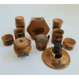 A collection of Mauchline ware pin cushion, inkwell, boxes etc. IMPORTANT: Online viewing and