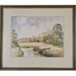 HILARY PHILPOTT. Framed, signed, titled ‘Washday in Ashow’, watercolour on paper, river and trees