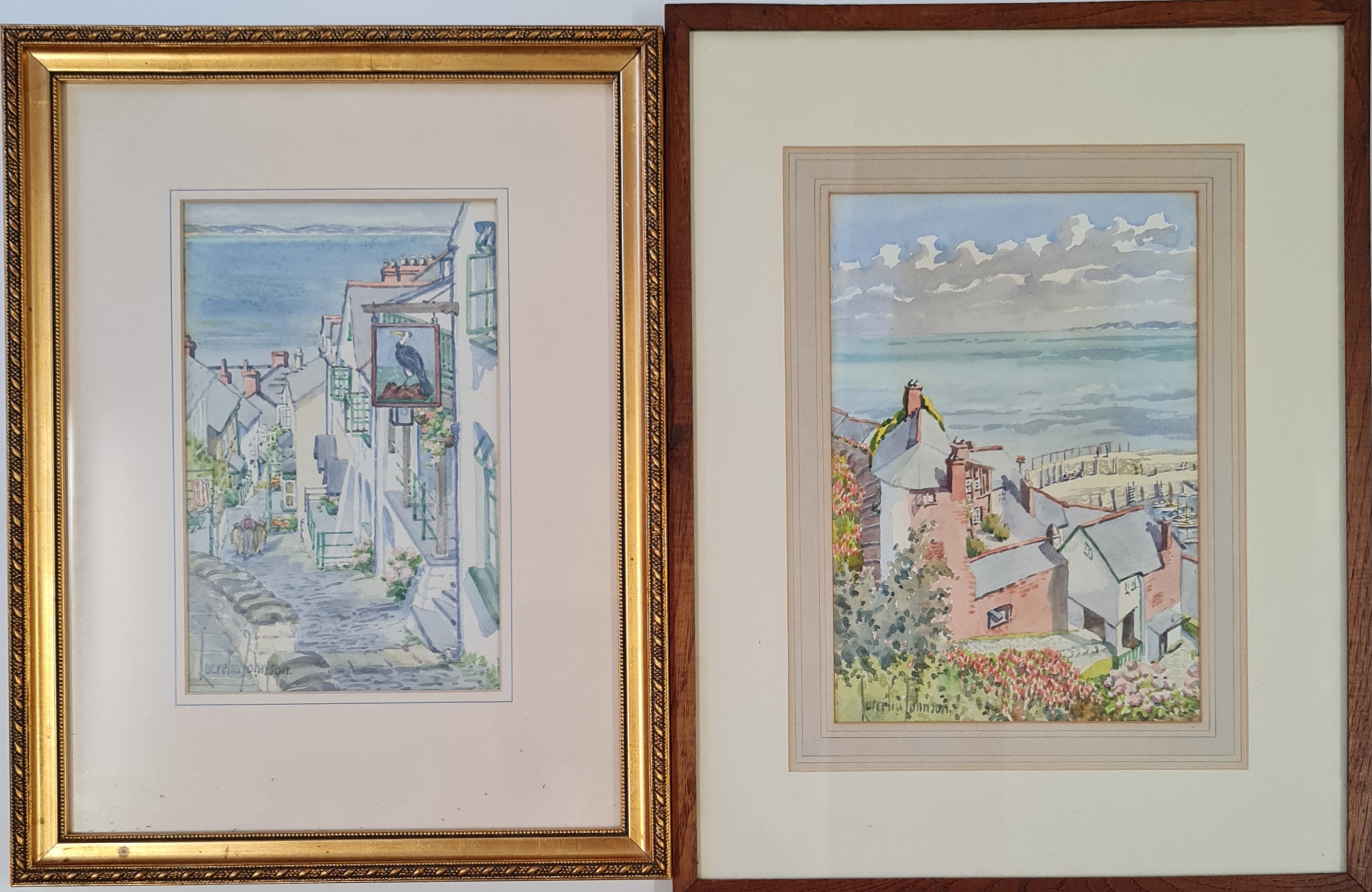 LUCRETIA JOHNSON. Two framed, signed, watercolour on paper, coastal town scenes, approx. 24cm x