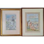LUCRETIA JOHNSON. Two framed, signed, watercolour on paper, coastal town scenes, approx. 24cm x