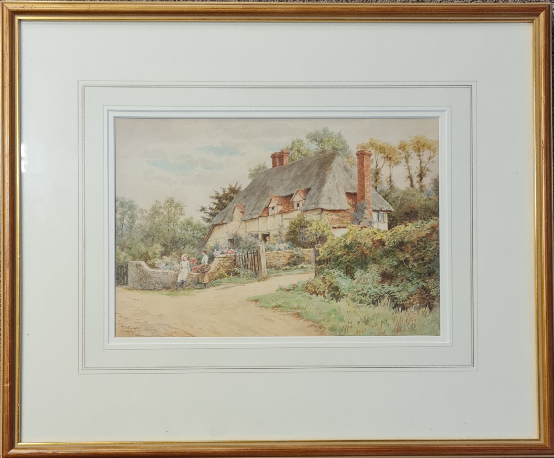 T. N. TYNDALE. Framed, signed, watercolour on paper, rural house with figures, 22cm x 33cm.