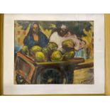 CHARLES MESSENT, framed, signed, oil on canvas, cart of watermelons with two figures behind, approx.