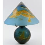 A reproduction Galle cameo glass lamp with eagle design on blue background, approx height 31cm. BOOK