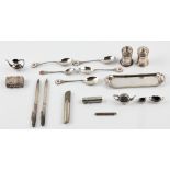 A collection of hallmarked silverware, to include a miniature tea set with tray (A/F), a pair of