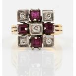 A hallmarked 18ct yellow gold 1970s ruby and diamond dress ring, the square design head set with