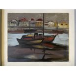 CHARLES MESSENT, framed, signed, oil on board, fishing boats with houses in the background,