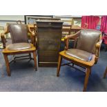 An oak tamber front small office cabinet, together with two oak office armchairs. IMPORTANT: