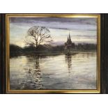 Framed, indistinctly signed, oil on canvas, church and tree before river at dusk, 49.5cm x 60cm BOOK