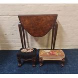 A walnut drop leaf table, together with two Victorian foot stools. . IMPORTANT: Online viewing and
