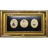 Trio of 19th century portrait miniatures in single frame, 16cm x 34cm. BOOK A VIEWING TIME SLOT ON