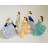 Set of five Royal Worcester ladies, to include Good Luck, Emily, The Bride, Victoria, and July,
