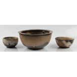 Three Molly Finlayson studio pottery bowls with brown and cream glazing. BOOK A VIEWING TIME SLOT ON